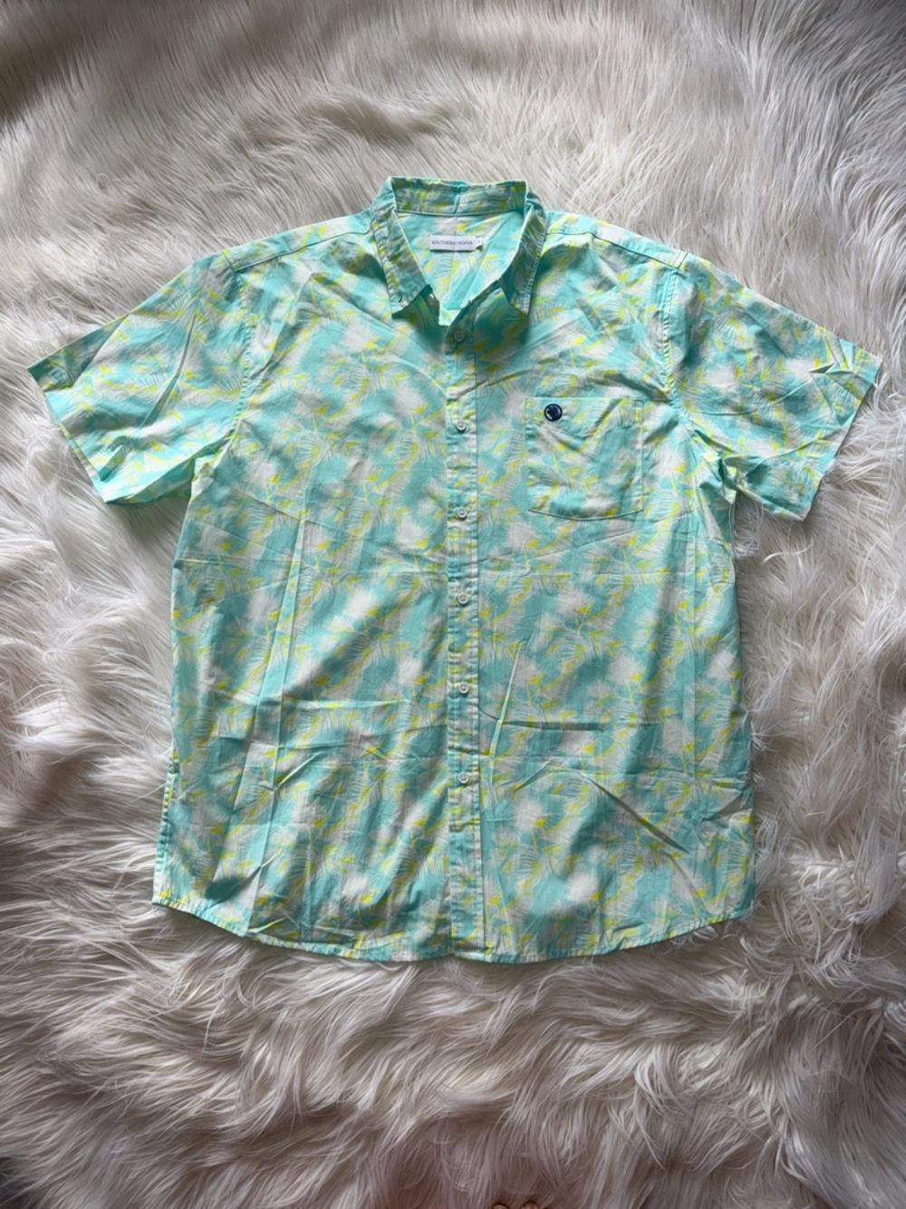Southern Proper Mint Blue& Yellow Tropical Hawaiian Short-Sleeve Button-Up Shirt